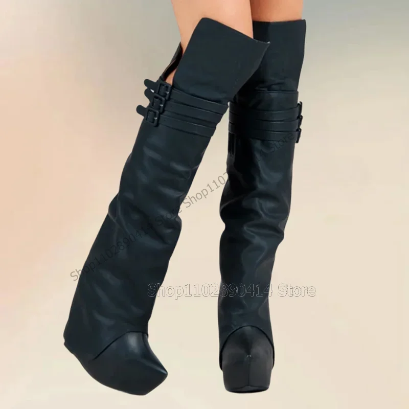 

Black Buckle Decor Pointed Toe Wedges Heels Platform Boots Slip On Women Shoes Thick Bottom New Fashion 2023 Zapatos Para Mujere