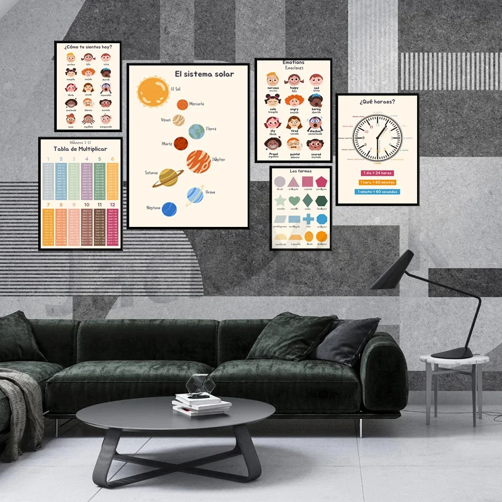 Colors, alphabet, solar system, time, Spanish kids kindergarten print art