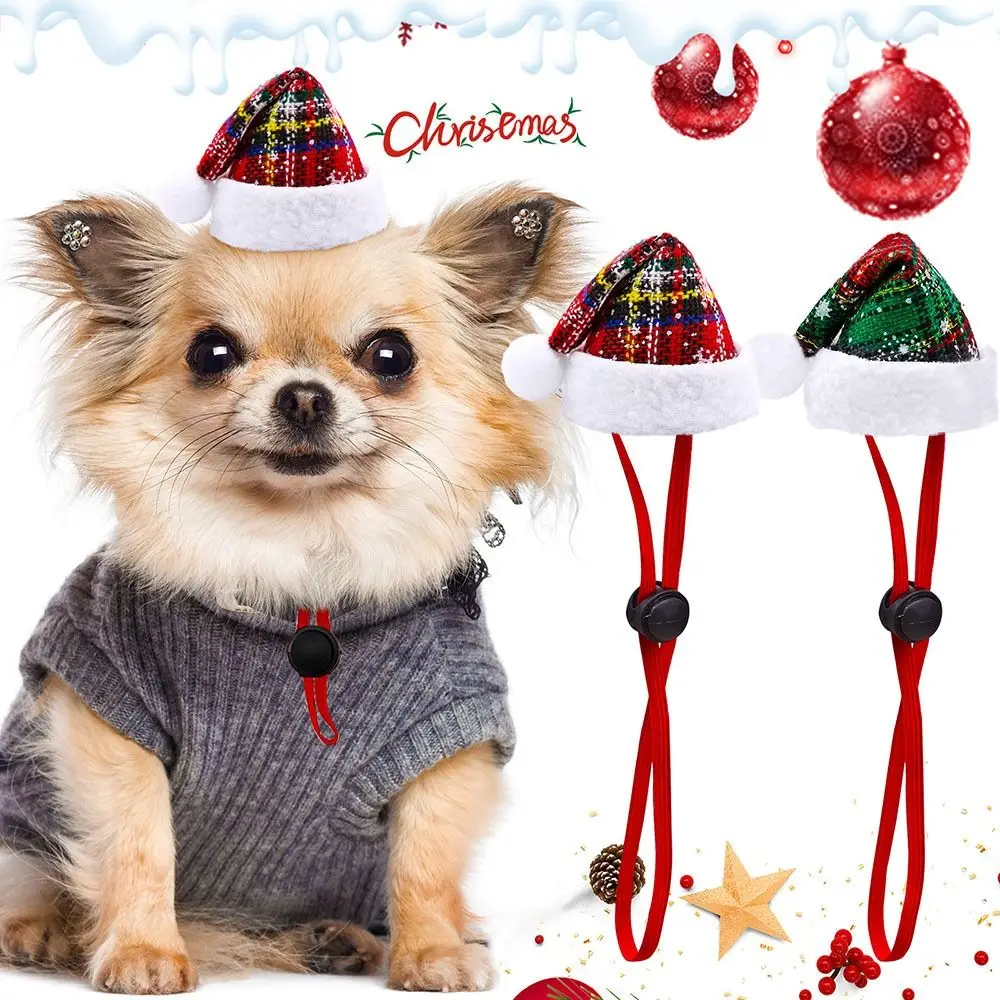 Decorative Christmas Pet Hat Cloth Adjustable Puppy Christmas Hat with Drawstring Red/Green Xmas Cat Santa Hat Christmas