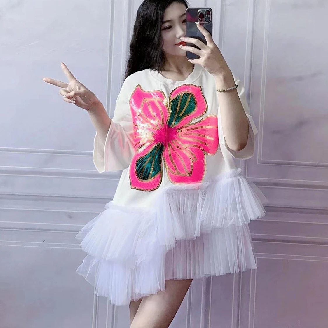 Luxury Floral Embroidered Sequin T-Shirts Dress Irregular Mesh Spliced Ruffles Tees A-line Beaded Gauze Pleated Dress Vestidos