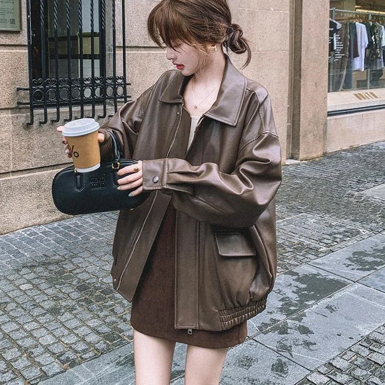 Giacca da donna streetwear retrò allentata corta in ecopelle Pu primavera autunno cappotto con cerniera femminile capispalla da motociclista vintage