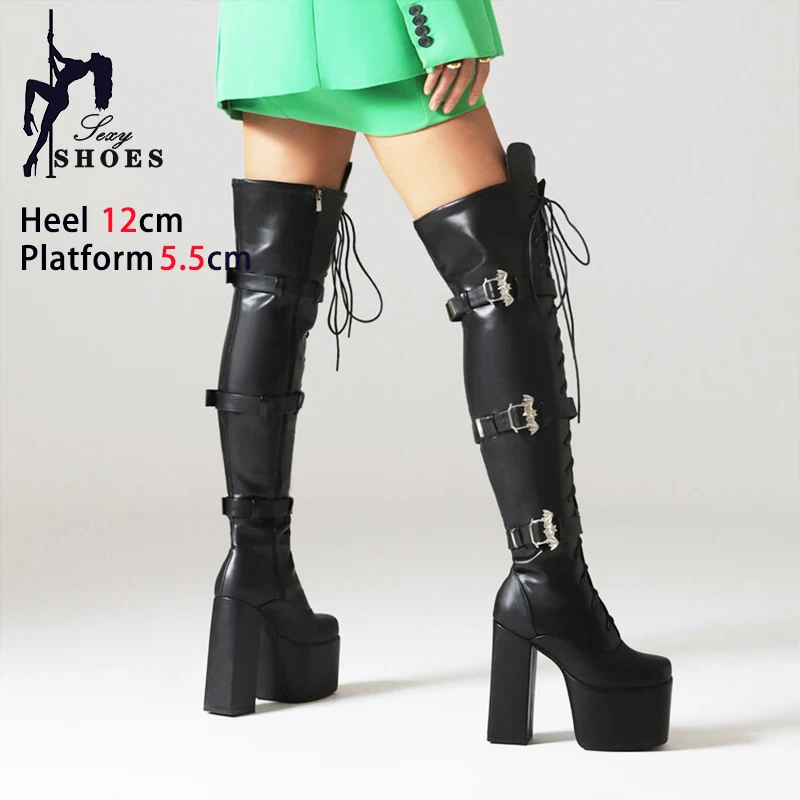 2024 New Winter Long Boots Women Over-the-Knee Black Shoes Gothic Style Thigh High Boots Block Heel Platform Shoes Botas Size 43