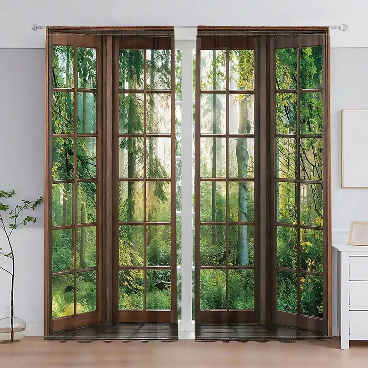 Modern Wood Frame Window Curtains sheer forest view sheer curtain panels for living room and bedroom decor