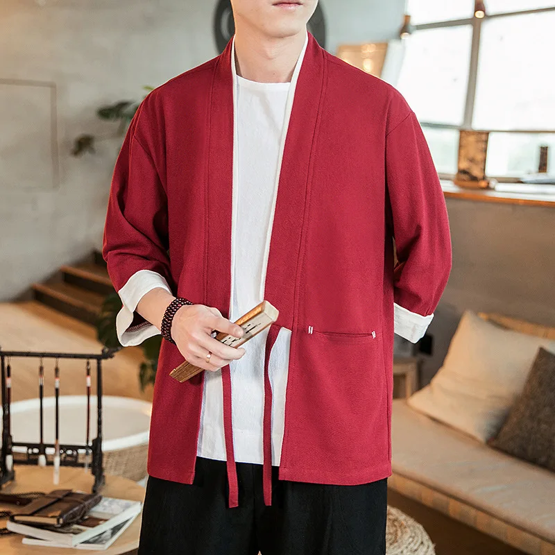 Summer Men's Cotton Kimono Cardigan Outerwear Coats Fashion Streetwear Short Loose Male Jackets Casual Overcoat Clothing