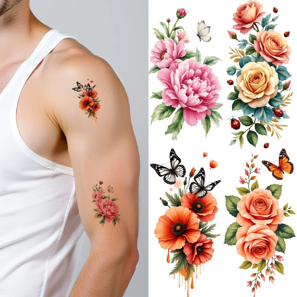

9pcs Temporary Tattoo Purple Roses Temporary Tattoo Stickers Roses Butterflies Colorful Peonies For Shoulders Arms Thighs