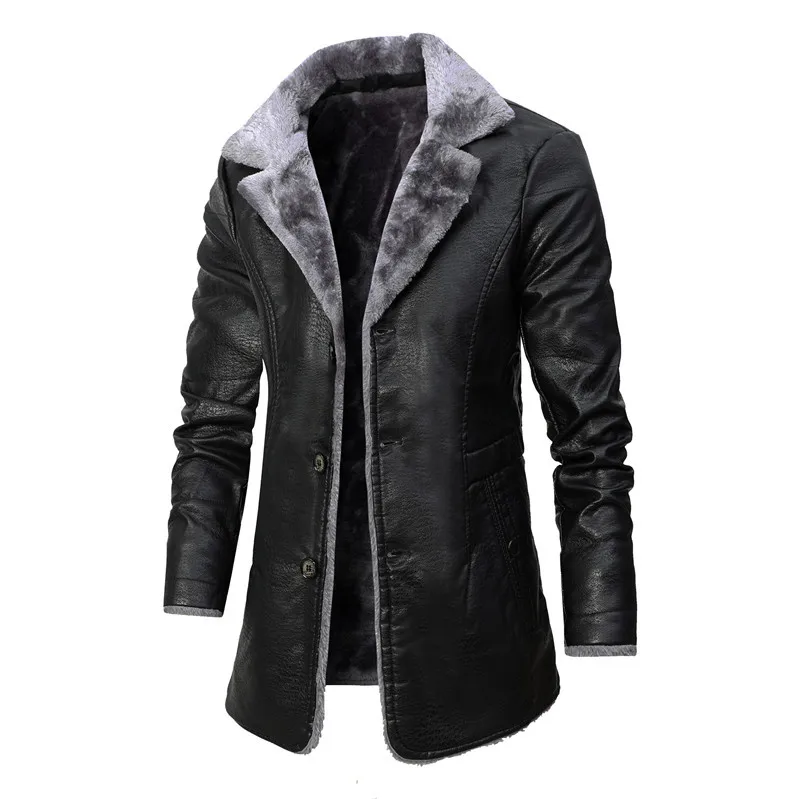 Mens Mid-length Leather Jackets Winter Business Thick Fur Linner Coats Male Faux Leather Motorcycle Outwear Coat Warm Clothes