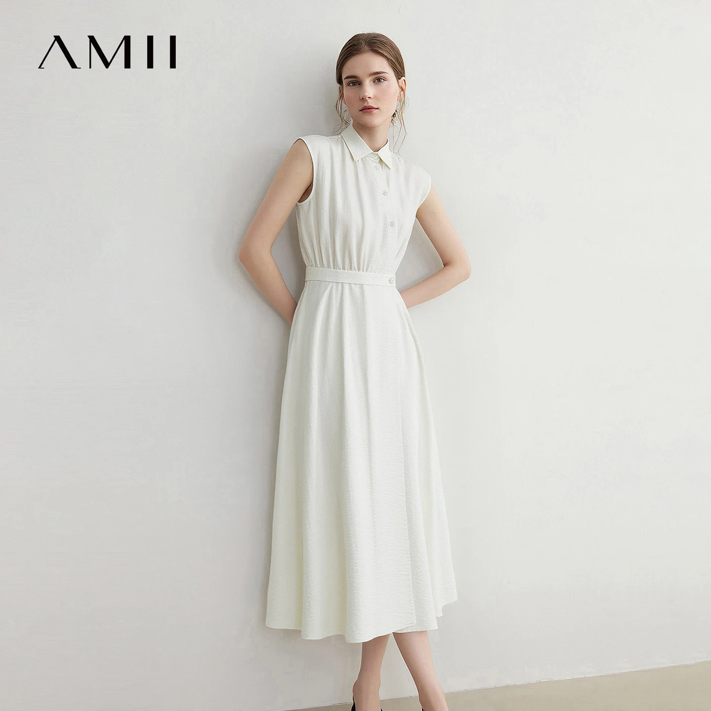 

Amii Womens Dresses 2026 Summer New Lapel Collar Asymmetric Placket Cap Sleeve Midi Dress Loose Casual Woman Clothes 12622133