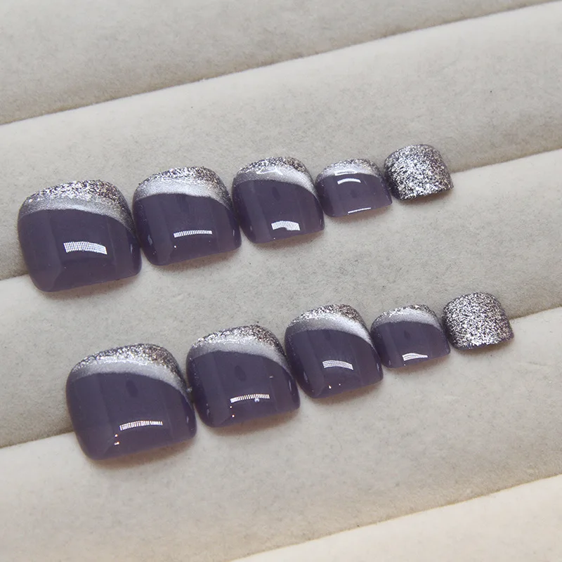 

24PCS Designer Lavender Cat Eye Toe Nails - Delicate Iridescent French Tips Petite Sizing False Toenail With Wearing Tools