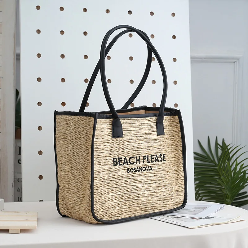 

2025 Minimalist Square Woven Tote Bag Women Spacious Lightweight Beach Handbag Casual Outdoor Straw Shoulder Purse