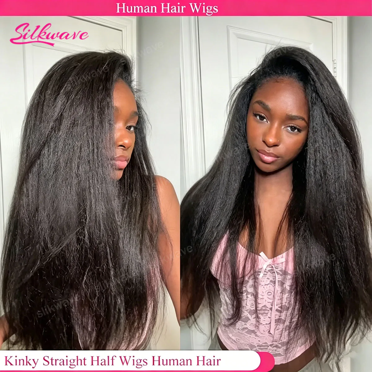 

Kinky Straight Glueless Wigs Adjustable Drawstring 3 IN 1 Half Wigs Human Hair 200% Snug Fit No Leave Out Clip-in Yaki Wave Wigs