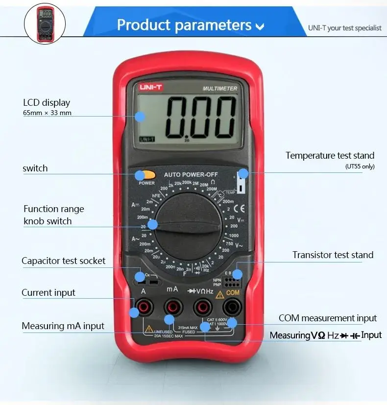 Imagem -03 - Multímetro Digital Universal Uni t 1000v ac dc Dmm Transistor Elétrico Tester Capacitor Uni-t-ut55