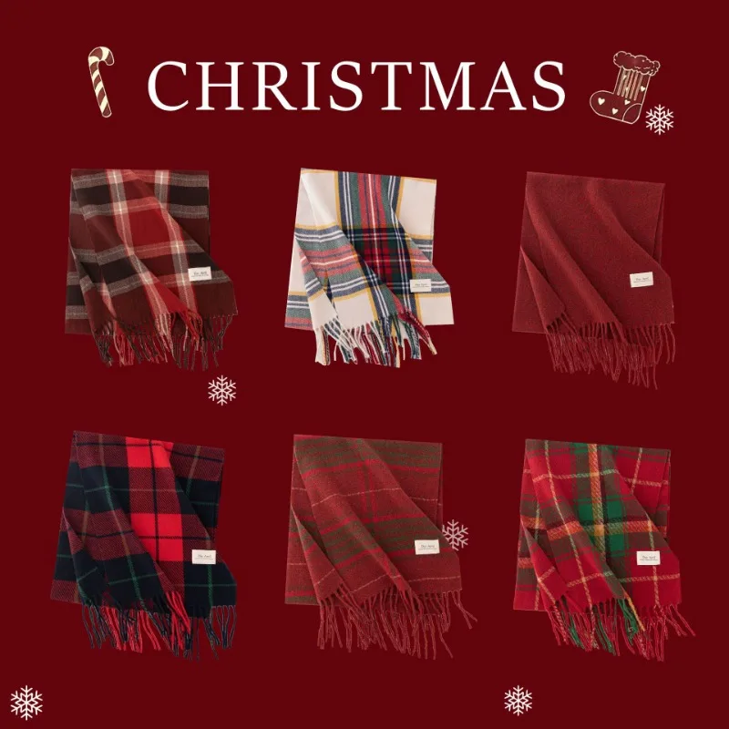 Fashion Christmas Red Checkered Scarf for Women Gift Retro Trend Imitation Cashmere Warm Scarves Shawl Clothing Accessories Шарф