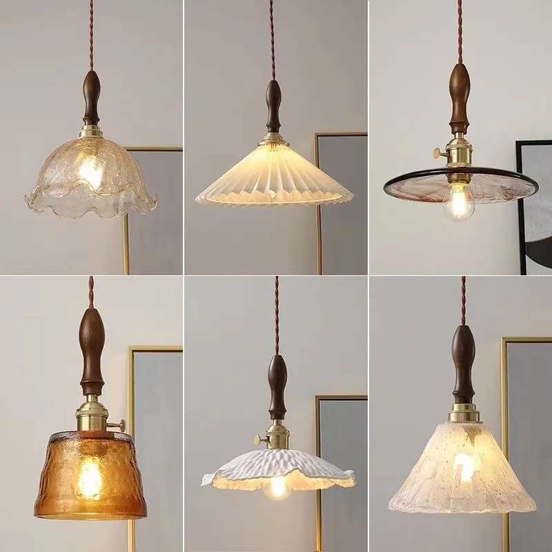 Nordic Wooden Glass Pendant Lights Vintage Chandeliers Bedroom Living Room Dining Room Copper  Lamp Japanese Hanglamp Luminaria