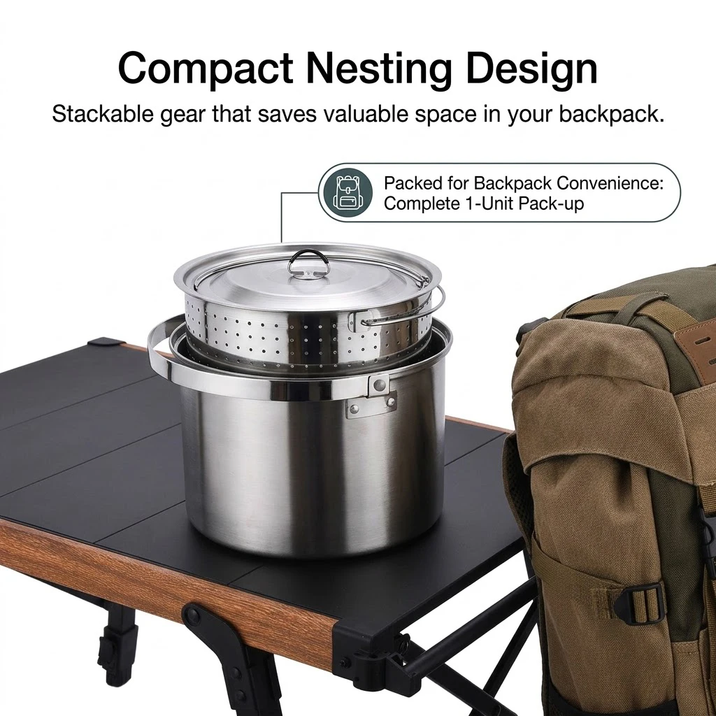 Pandatour Outdoor Camping 5Piece Stainless Steel Cookware Set Foldable Portable With Soup Pot Strainer Basket Kettle Frying Pan view 6