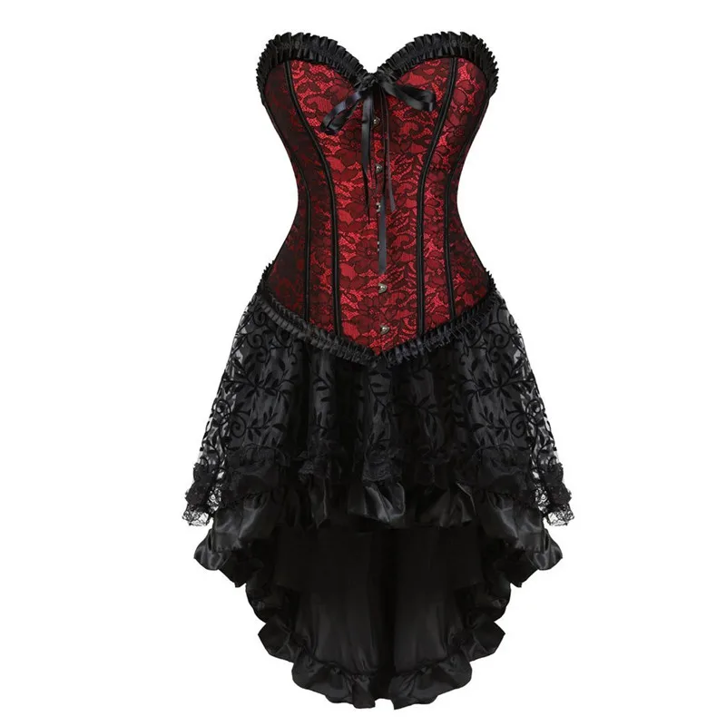 Gorset Sukienka ze spódnicą Wysoki Niski Zestaw Egzotyczny Push up Seksowny Kwiatowy Nadruk Vintage Kostiumy Halloween Plus Size Czerwony Czarny Renesans