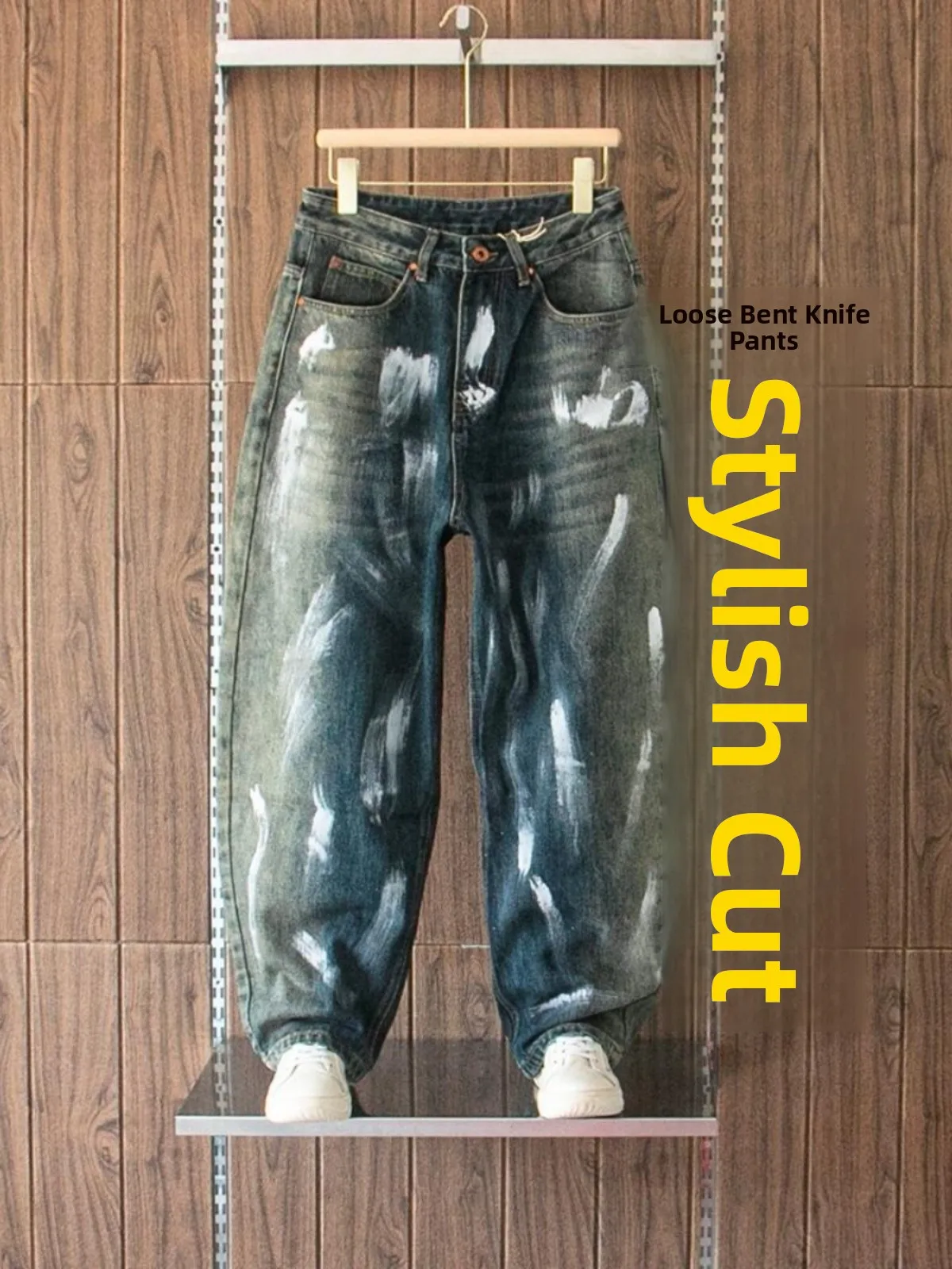 

Hand-Painted Loose Wide-Leg Men's Jeans fiti Design American Retro Spray Ink Small ence Knife-ape Pants