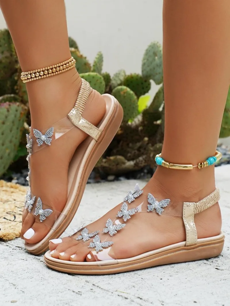 Comfortable Flat Sandals Women Big Size Summer Shoes Woman Bohemia Flowers Rhinestone Beach Ladies Shoes Thongs Plus Size 41 42