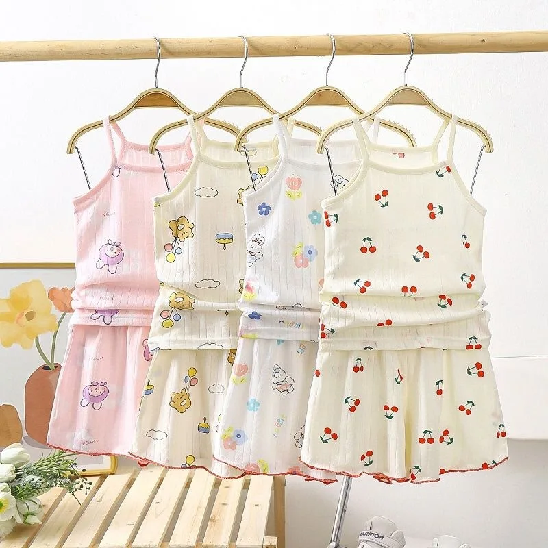 

2026 Summer New Children's Pure Cotton Suspender Thin Cartoon Sleeveless Cute Top and Shorts Two-piece Set
