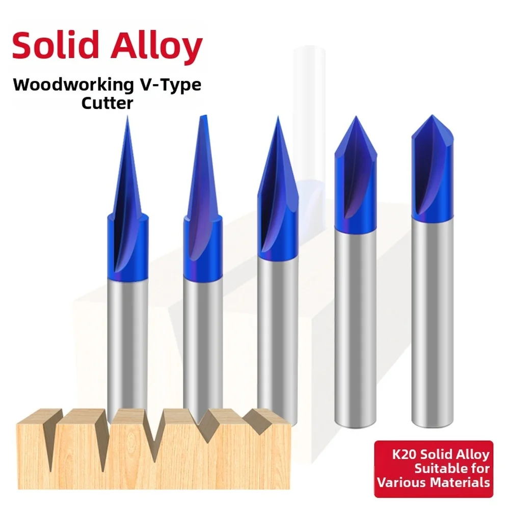 

5PCS 1/4 Inch Shank Solid Carbide V Groove Router Bit In 15/20/30/60/90 Degree For Woodworking On Solid Wood And Particleboard