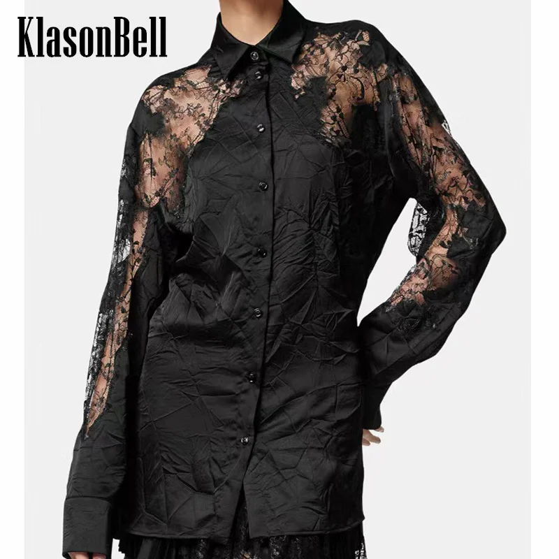 8.4 KlasonBell Women Fashion Sexy Sheer Lace Mesh Embroidery Print Blouse Acetate Pleated Long Sleeve Casual Shirt