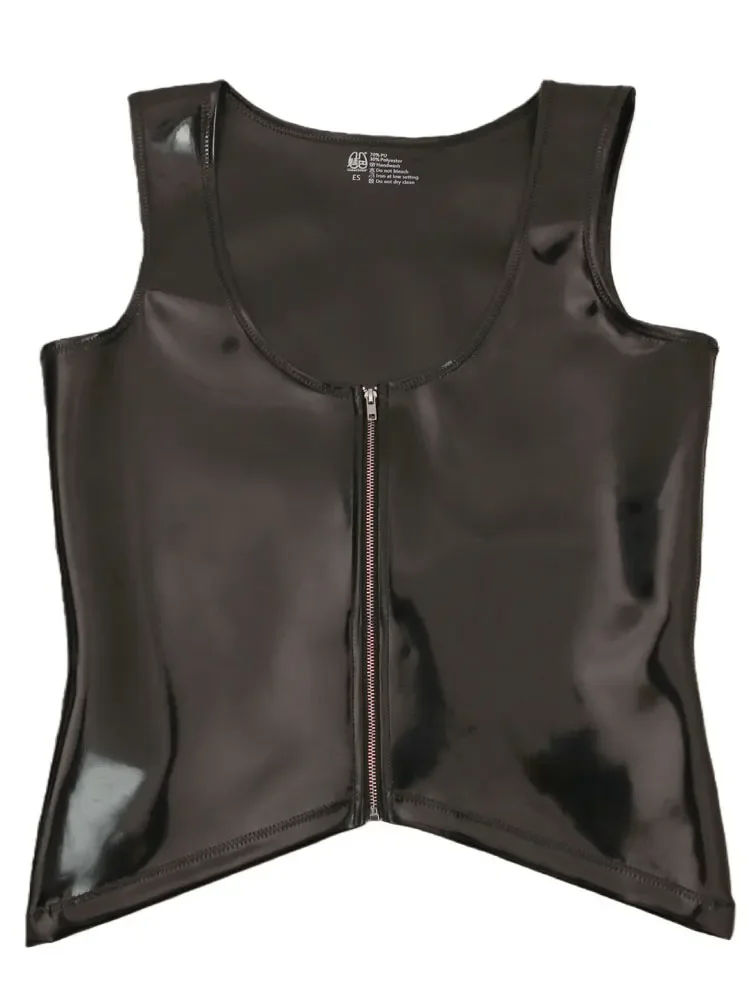 Sexy Men PU Elastic Vest Double Side No-clean Tank Top Latex Faux Leather Stage Tops Sexy Tights Sleeveless T-shirts Streetwear