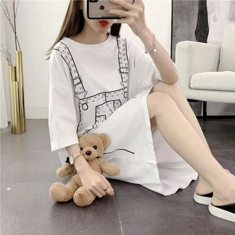 Summer New Split Hem Loose Letter Printing T Shirt Dress O-Neck Short Sleeve Solid Casual Dresses Fashion Trend Odzież damska