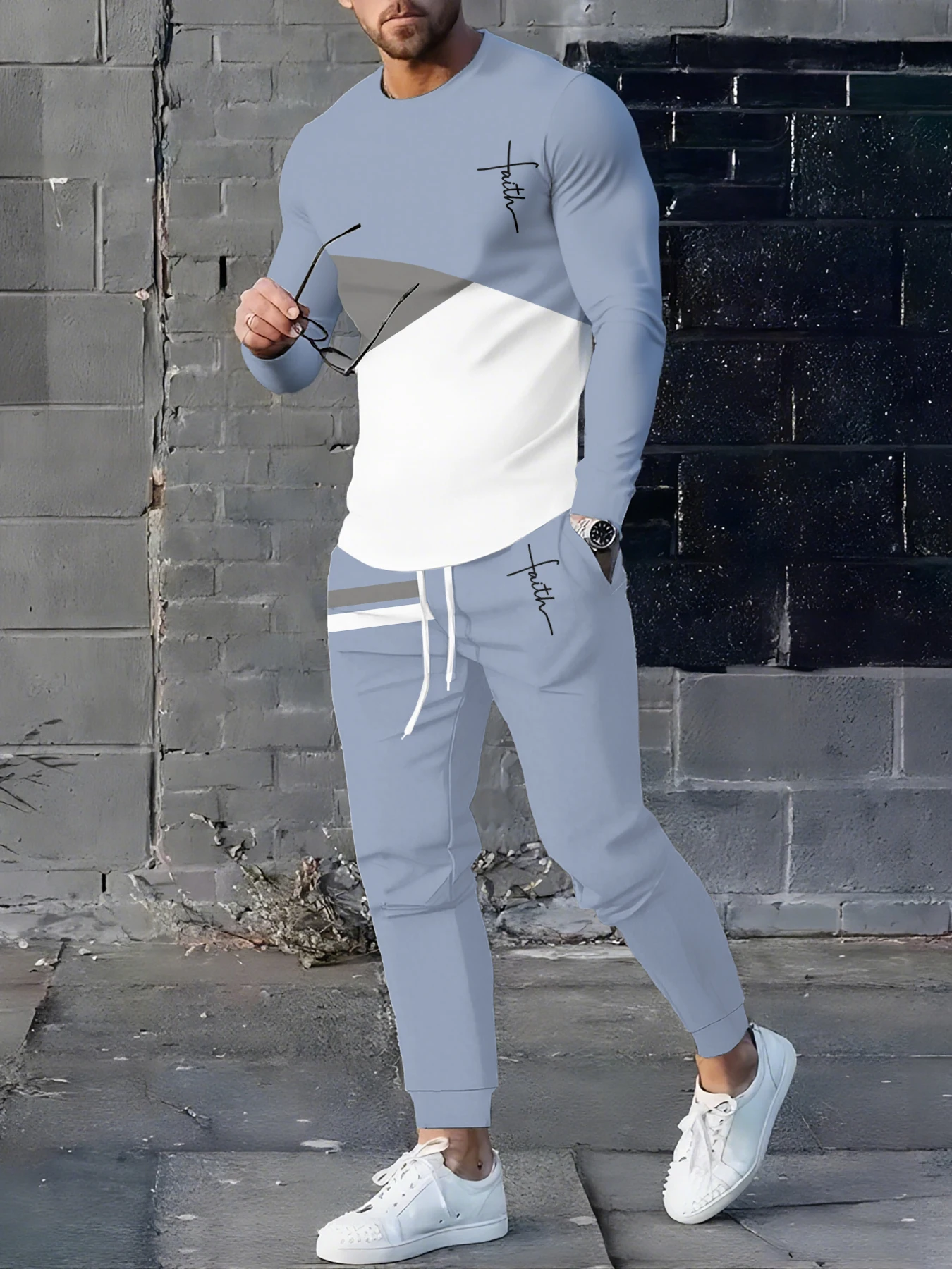 الربيع/الخريف الرجال التدرج اللون مجموعة أنيق طاقم الرقبة قصيرة الأكمام أعلى في الهواء الطلق مريحة سراويل تقليدية قطعتين مجموعة #2