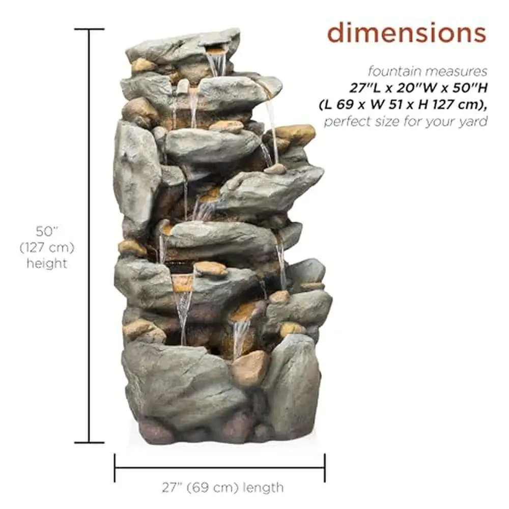 8-Tier Cascading Rock Waterfall Fountain LED Lights Outdoor Garden Decor Gray 50