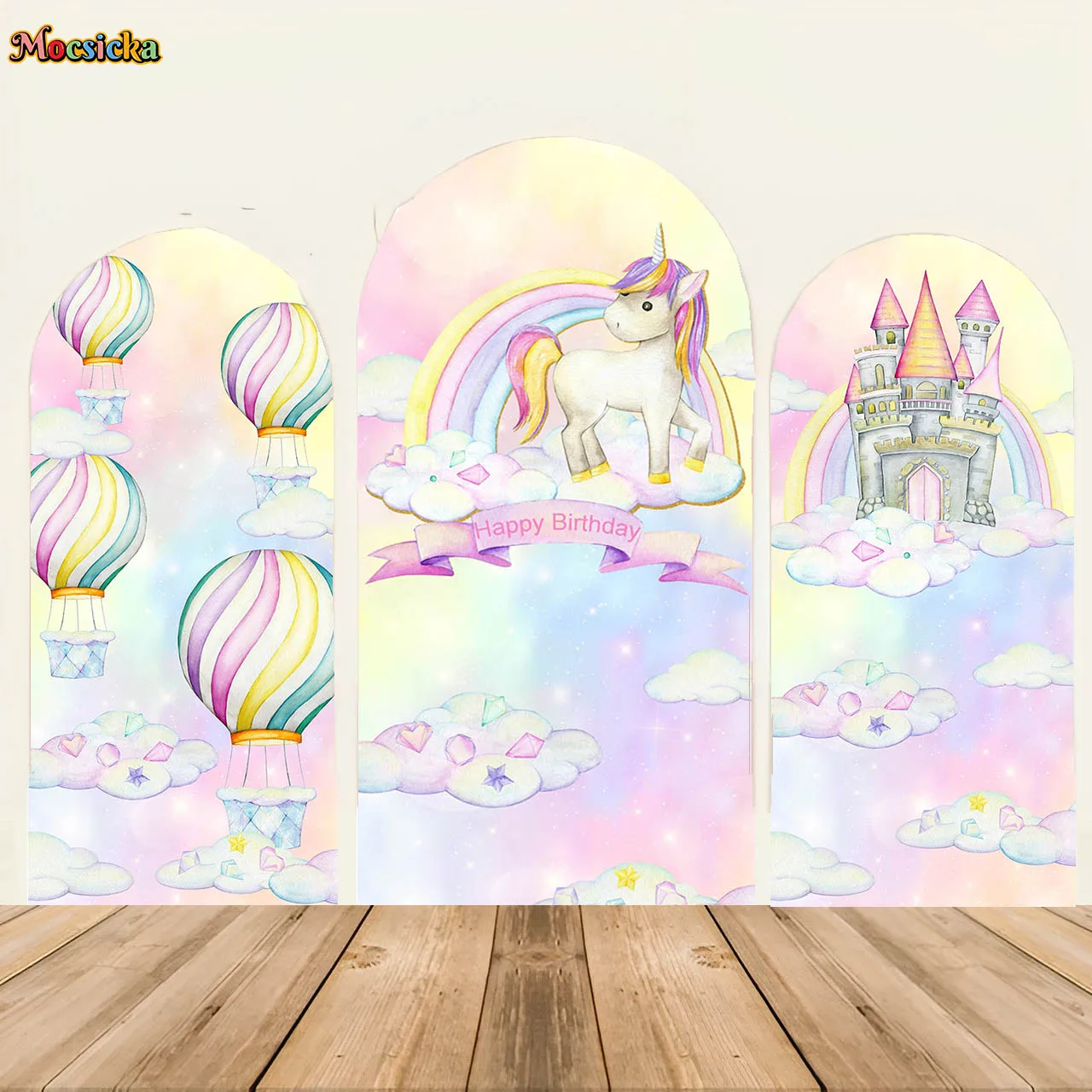 

Mocsicka Double-Sided Arched Backdrop Cover Unicorn Cartoon Castle Hot Air Balloon Baby Kid Birthday Party Decoration Background