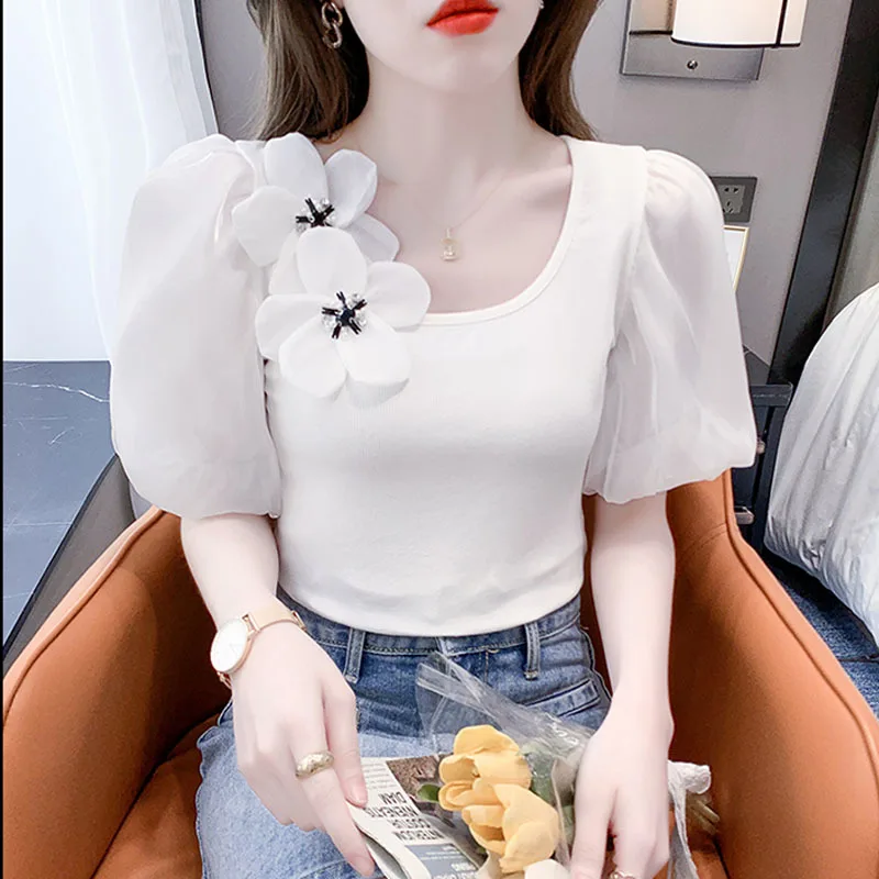 2022 Summer Woman's T-Shirts New Beads Three-Dimensional Flower Decoration Single-Side Ruffled Stitching Tops Blue Tees