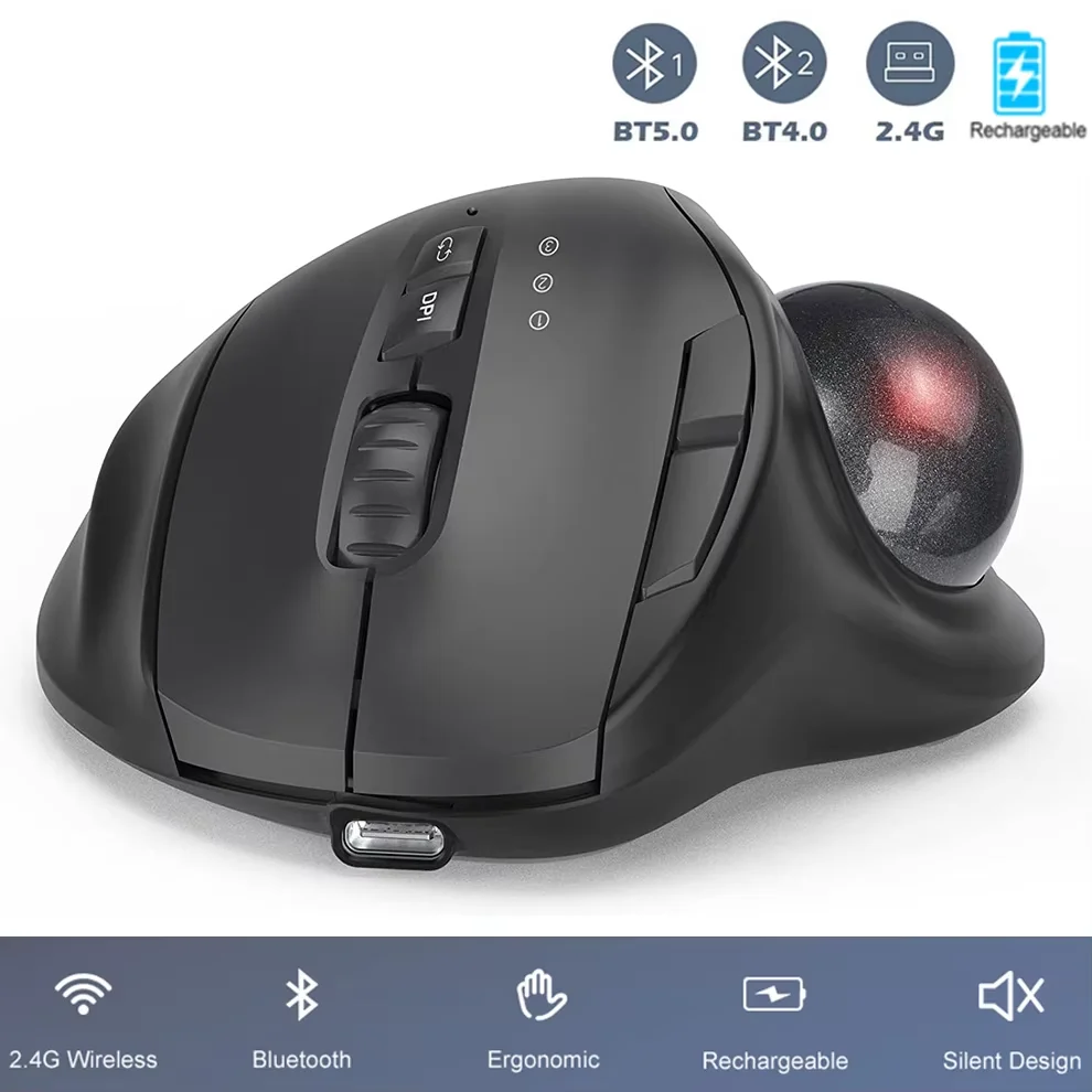 2400DPI Trackball Mouse ,2.4G & Bluetooth Rechargeable Mouse with EVA Case Bag Vertical Ergonomic Mice for Laptop iPad Mackbook