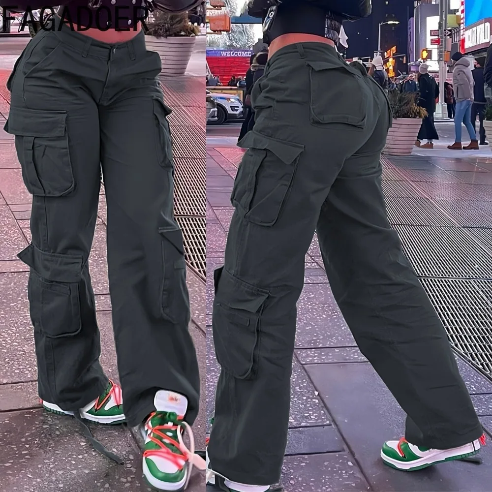 

FAGADOER Spring New Fashion Cargo Pocket Patchwork Bodycon Pants for Woman Solid Color Low-rise Pants Female Streetwear Bottoms
