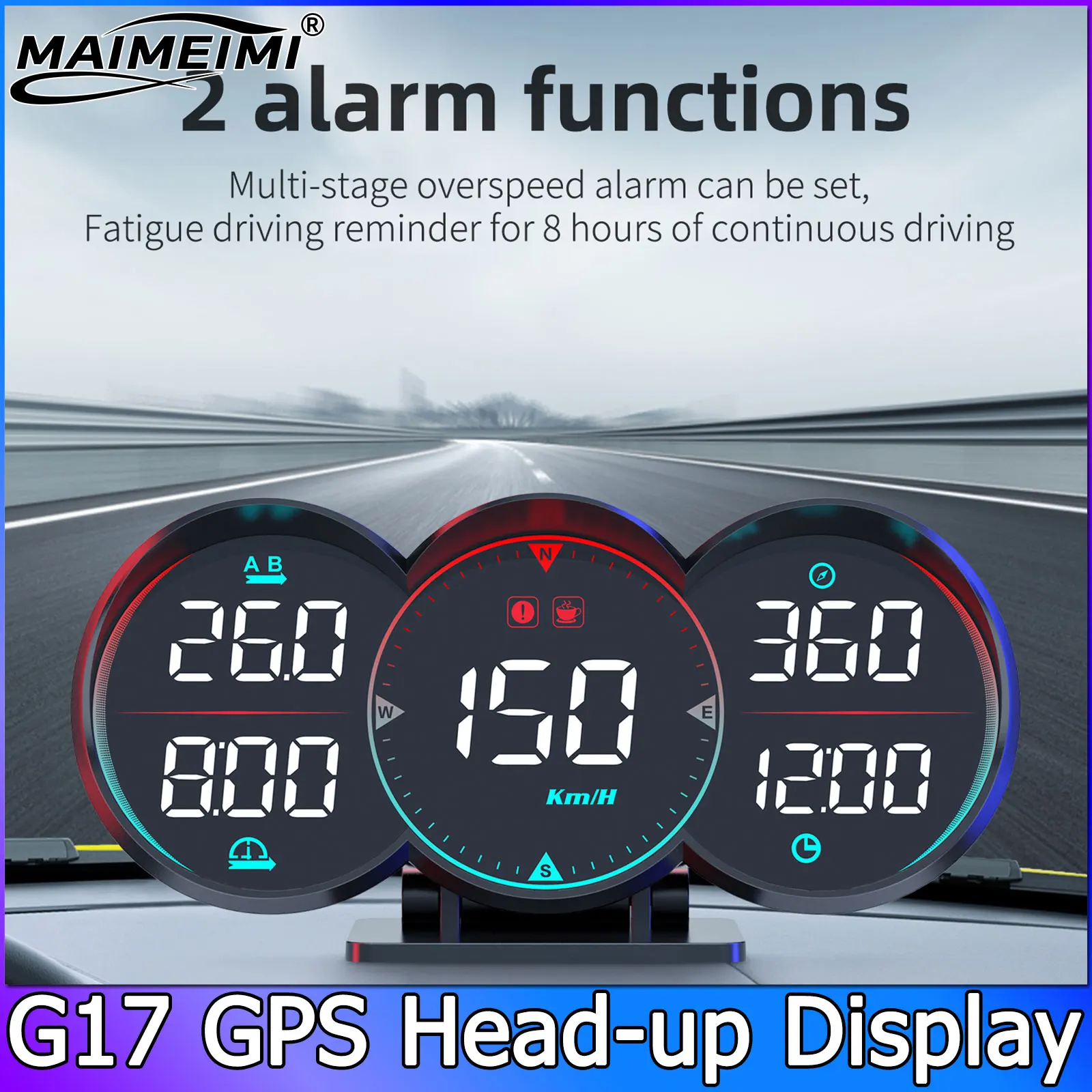GPS+Beidou HUD Speedometer KMH G17 Car Head Up Display LCD Slope Meter Driving Distance Compass Overspeed Alarm For All Cars ﻿