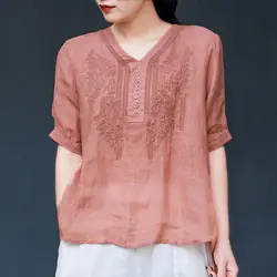 Vintage Elegant Embroidery Short Sleeve Shirt Women's Clothing Summer Trend Casual All-match V-Neck Solid Color Blouse Female