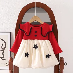 Autumn New Girls' Dress Long Sleeve Round Neck Small Flying Sleeve Wrapped Edge Button Flower Decoration A-line Dress