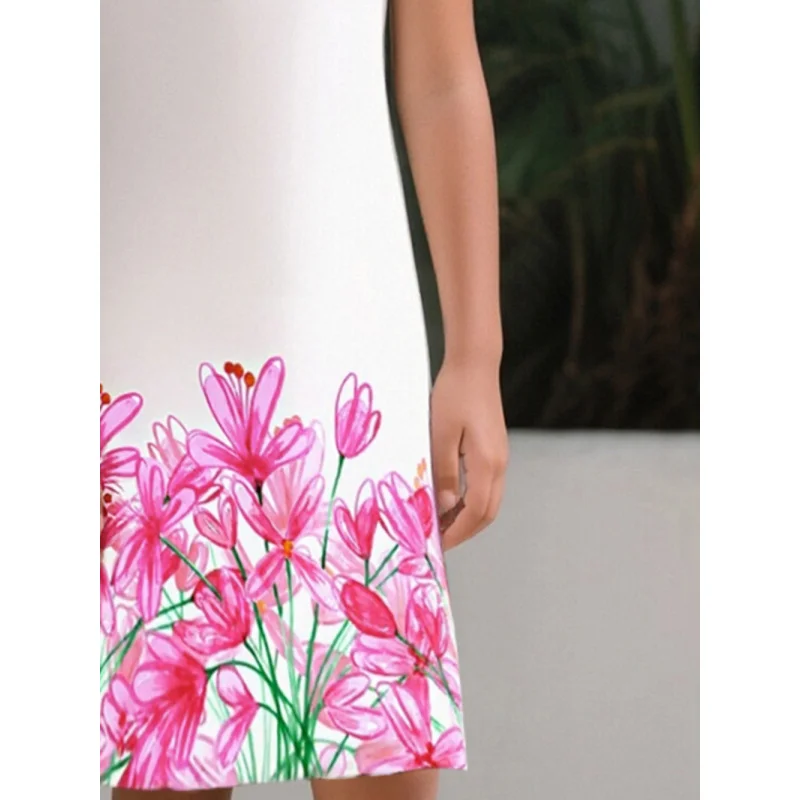 فستان أبيض بأكمام قصيرة للفتيات مطبوع عليه زهور وردية 2025