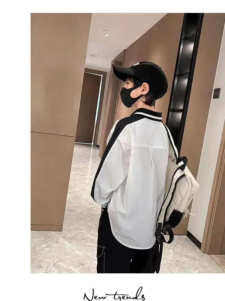 Teenage Clothes School Uniform Splice Boys Shirts White Long Sleeve Turn-down Collar Kids Shirt For Boys Children Tops