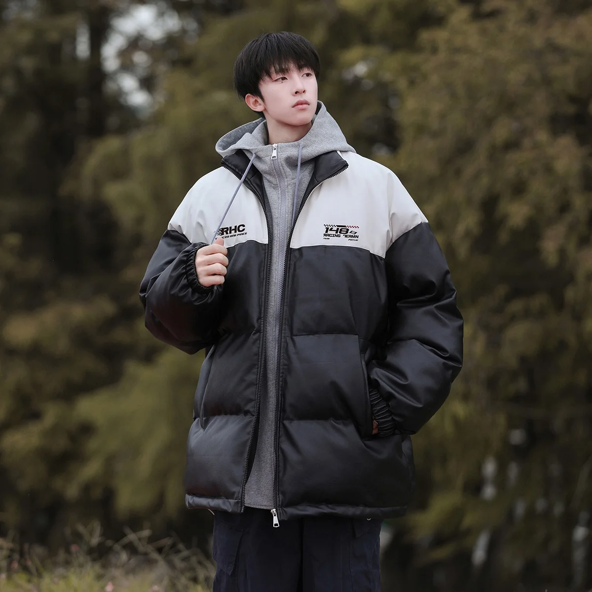 

Men's PU Leather down Jaet Thiened Bread Sle Winter Coat Cool Haome Outerwear Casual Youth Faion Warm Coat