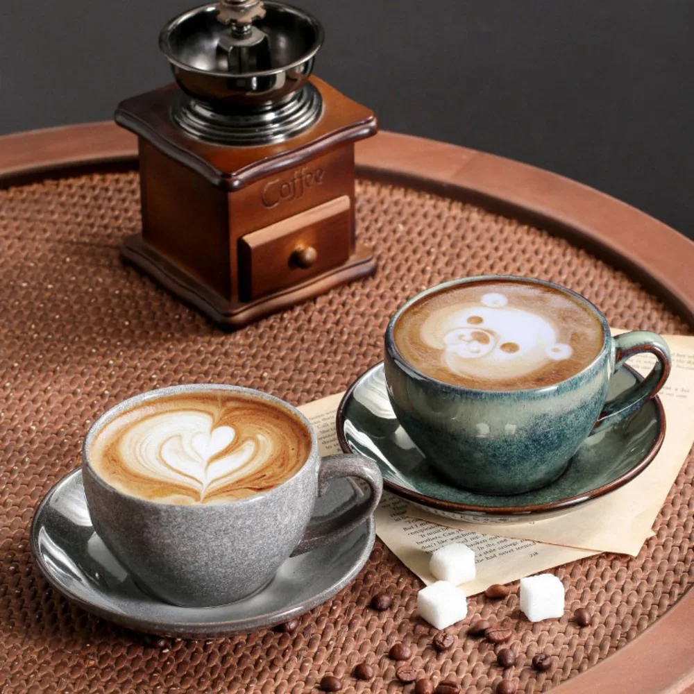 Ceramic Retro Kiln-turned Coffee Cup Cappuccino Latte Fancy Embossed Art Latte Art Cup  Tea Cup and Saucer Set 300ml Cafe home