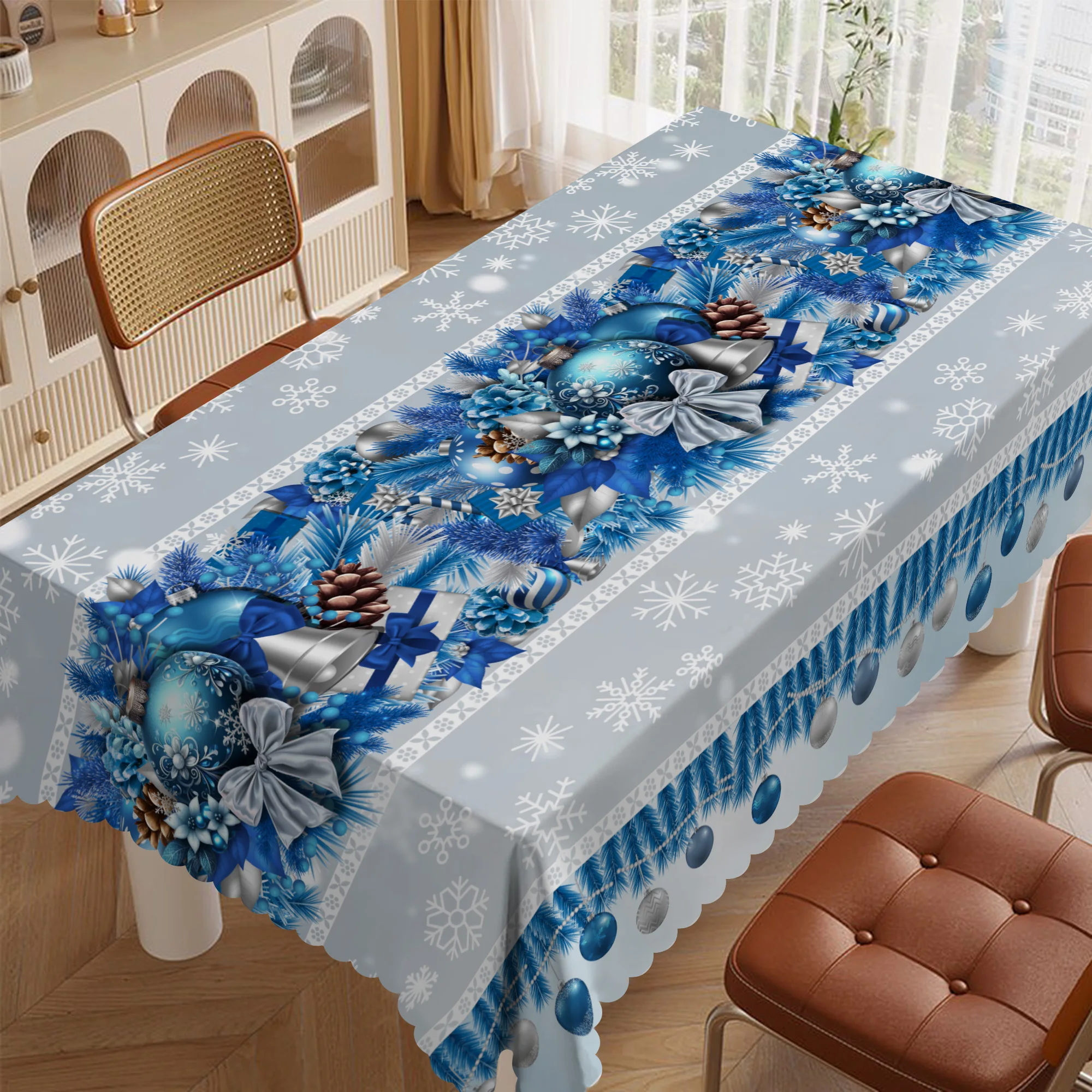 1 Piece, Christmas Printed Polyester Tablecloth + 4 Self-Adhesive Stickers, Blue Christmas Balloon, Lantern, Wreath Pattern Print, Embossed Edges, Suitable for Home Kitchen, Living Room Dining Table, Balcony Coffee Table, Holiday Party Table Decoration, Outdoor Picnic Decoration, Coffee Table Decoration Tablecloth Table Cover, Perfect Gift, Autumn and Winter Tablecloth Decoration, Christmas Decorative Tablecloth-T010