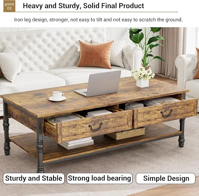 41 Inch Rustic Coffee Table with 2 Drawers, Industrial Wood & Metal Coffee Table with Storage Shelf Cocktail Table for Office