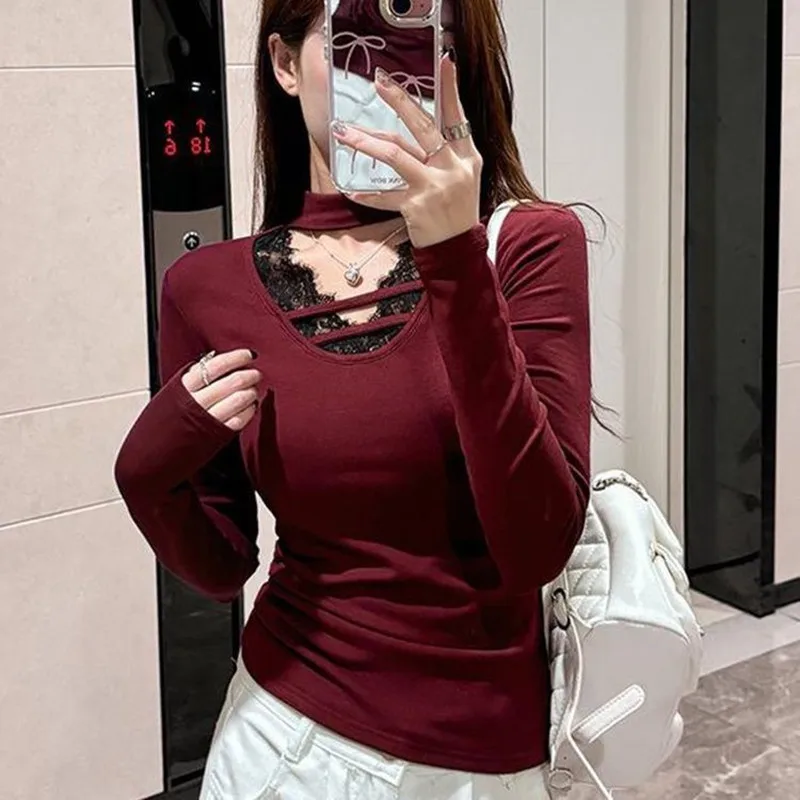 

Sexy Hollow Out Lace Long Sleeve T-shirt 2026 New Women Spring Autumn V-Neck Slim-fit Blouse Tops Korean Style Black Base Shirt
