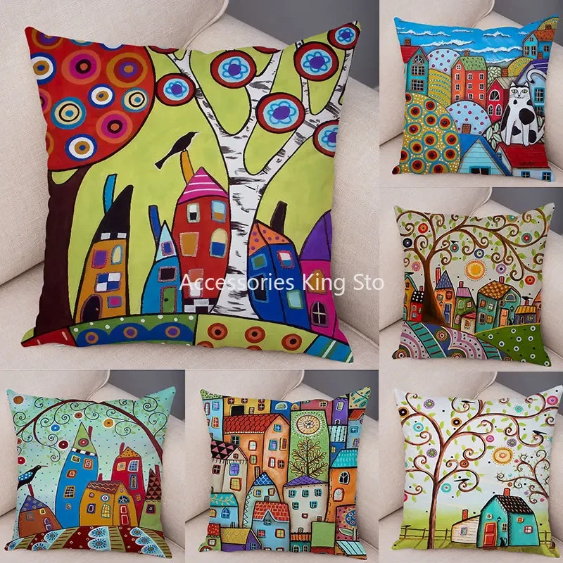 

45x45cm Home Car Decor Colorful Cartoon House Pillow Case Tree Pillowcase Retro Rural Color Cities Cushion Cover