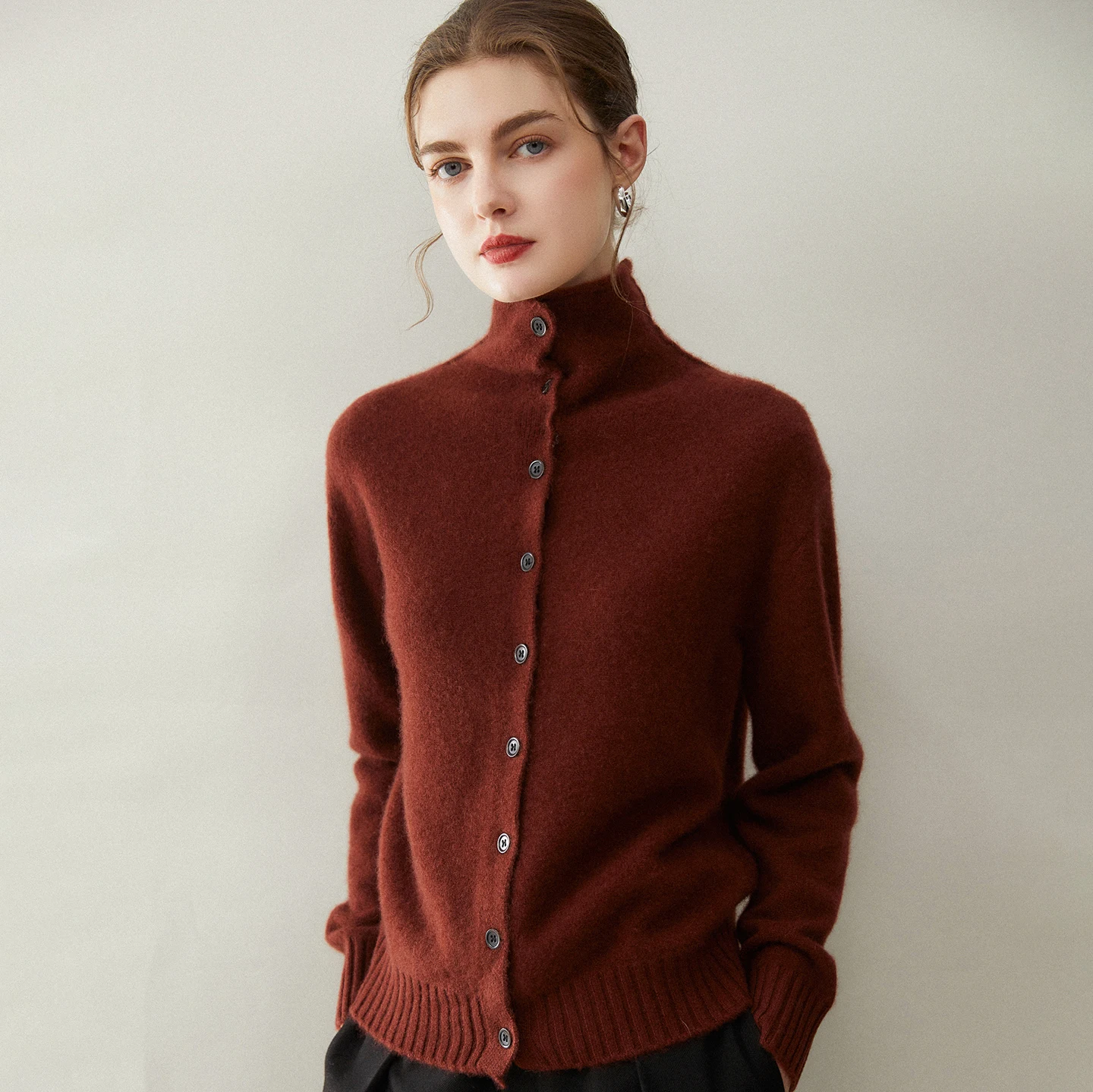 100% Pure Cashmere Cardigan Sweater Autumn Winter Turtle Neck Light Luxury Women Single Breasted Inner Knitted Tops High Quality