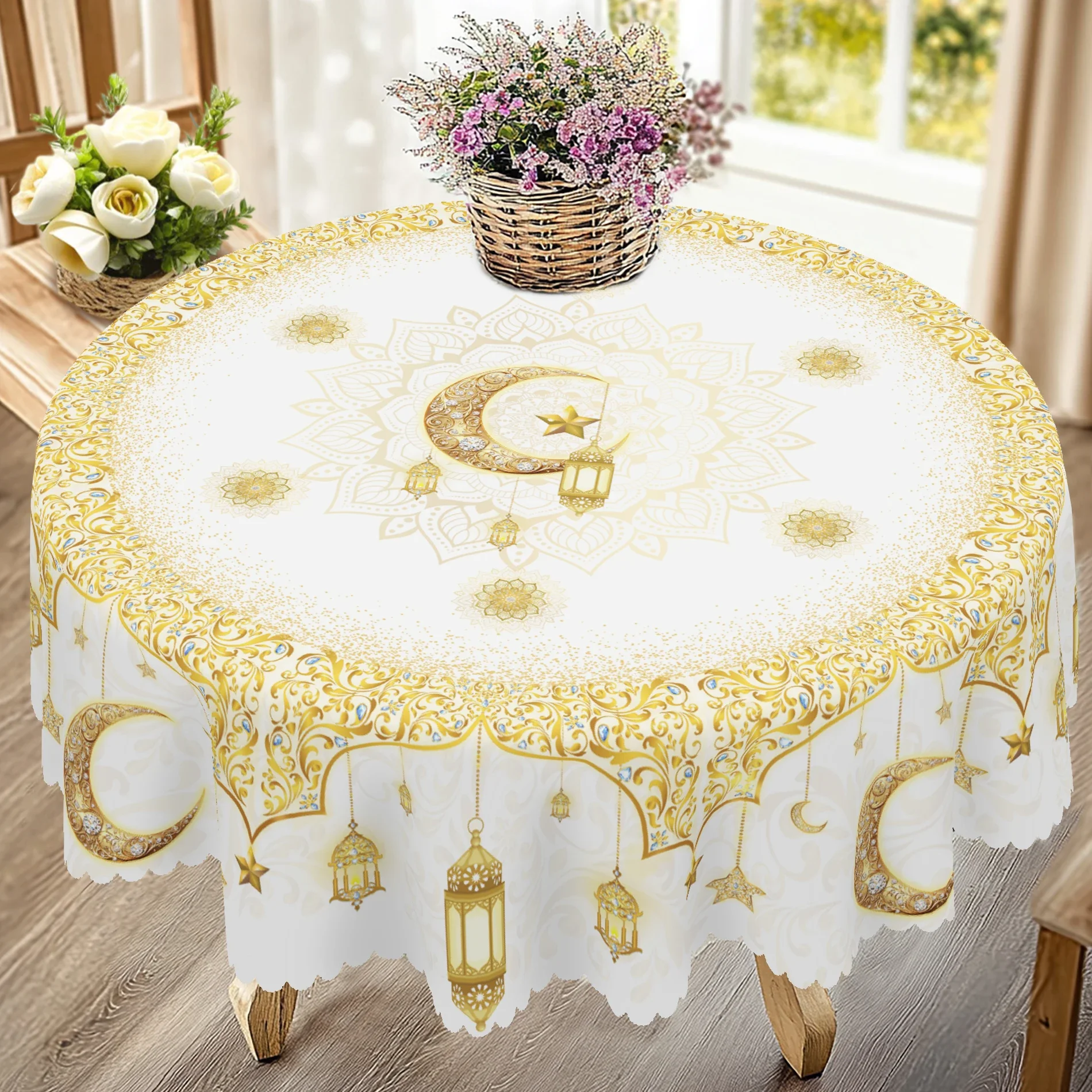 1 Stück Muslimische Ramadan-Themen-Tischdecke, in Verschiedenen Größen Erhältlich, mit Goldstern- und Mondmuster sowie Laternen-Design, Bedruckte Dekorative Tischdecke, Geprägte Kantenverarbeitung,