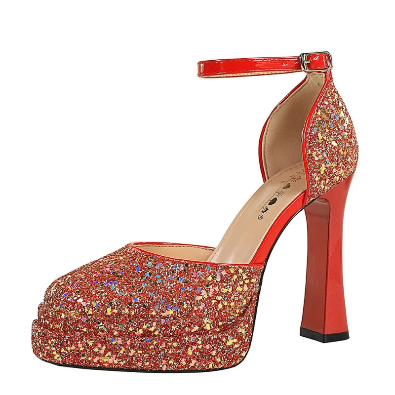 Super High Heel Sequin Women's Shoes Hollow Waterproof Platform High Heels Round Toe Shallow Mouth Thick Heels One-Strip Sandal