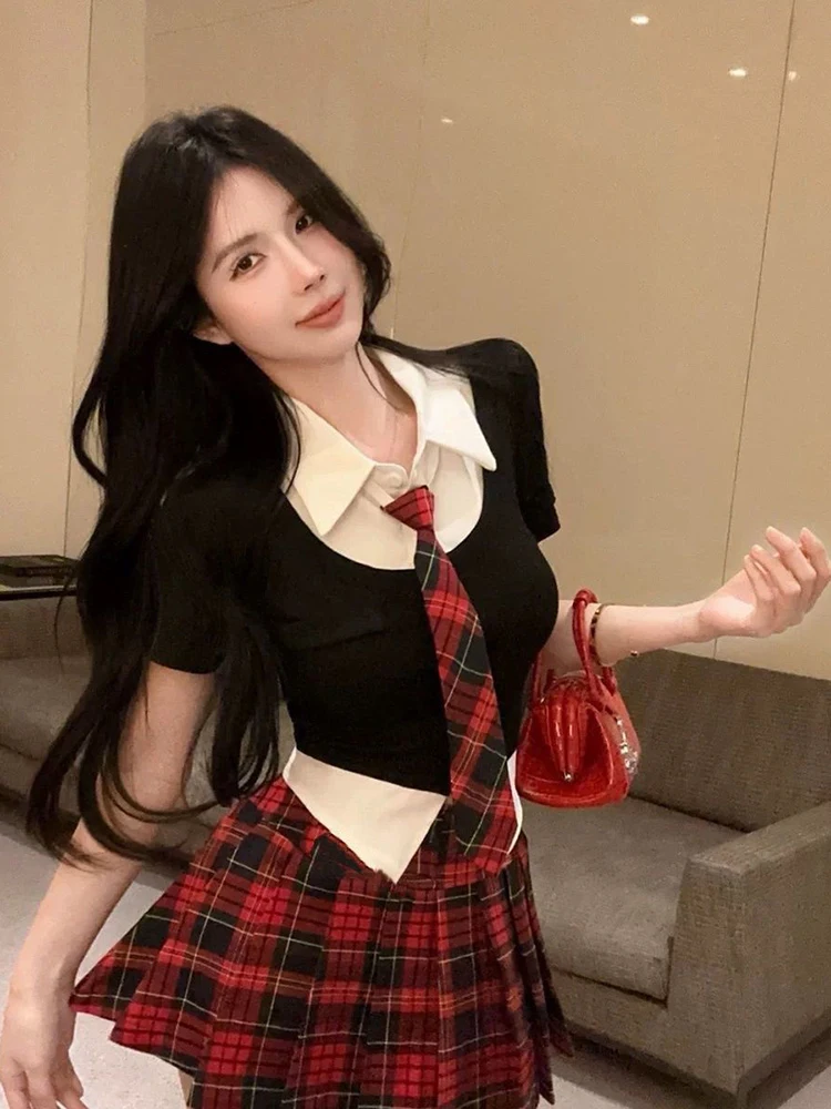 Preppy Style Kawaii Sailor 2-teiliges Set Damen Japanisch Slim mit Krawatte Weiße Hemden Sommer JK Plaid Patchwork Lady A-Linie Röcke