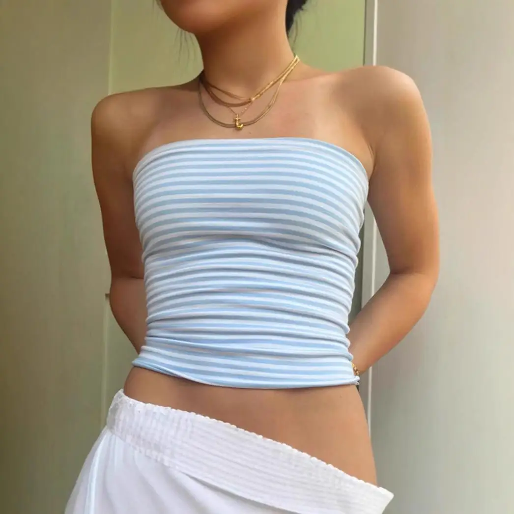 Cross-Border Stripe  Color Strapless Short Vest Summer Fashion Casual Sexy Short Women's Fashion European Style Splice E...