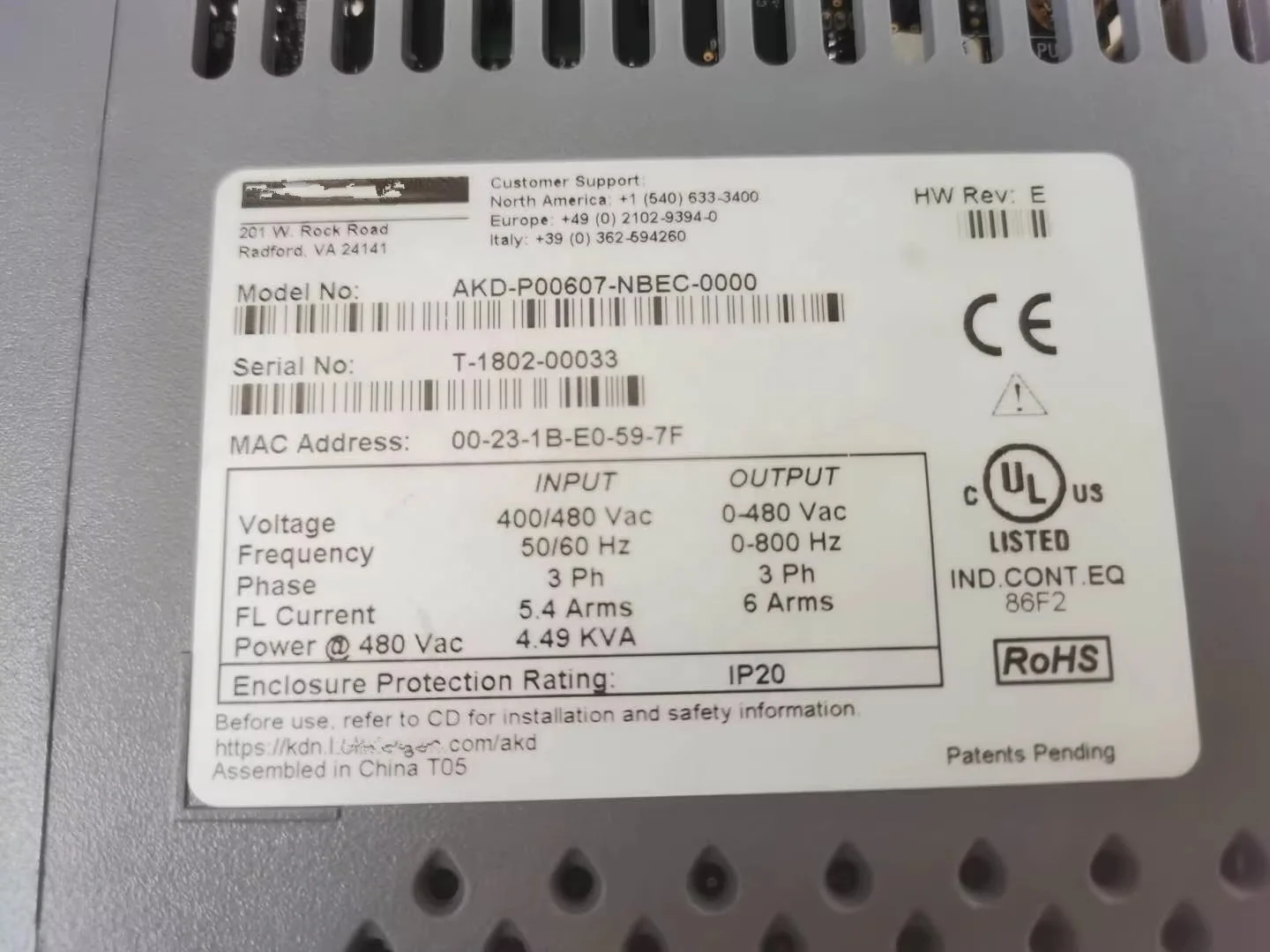 Kollmorgen AKD-P00607-NBEC-0000 Servo Drive