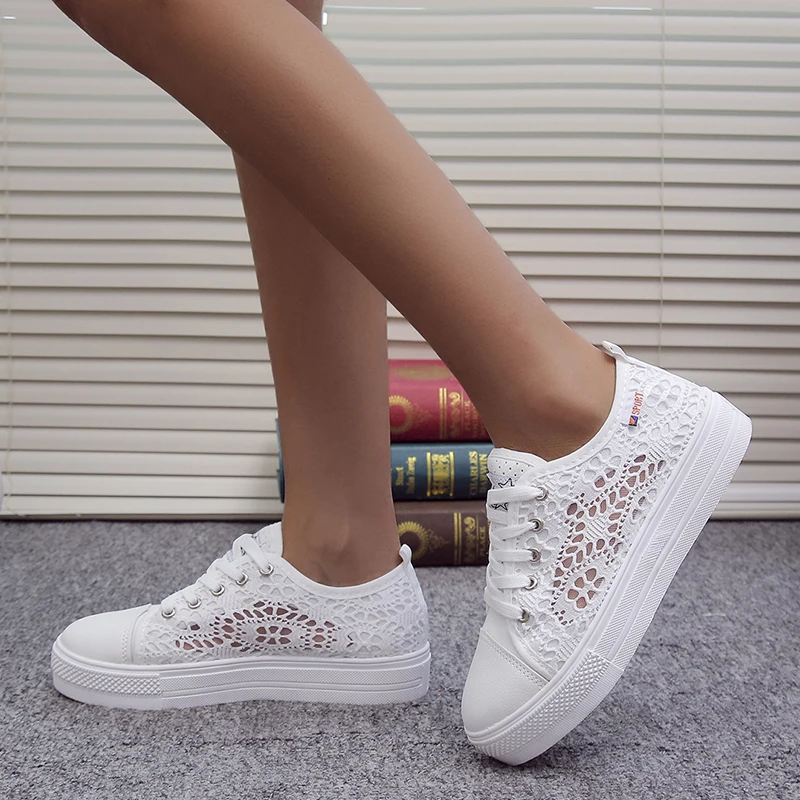 Women Shoes  Fashion Summer Casual White Shoes Cutouts Lace Canvas Hollow Breathable Platform Flat Shoes Woman Sneakers